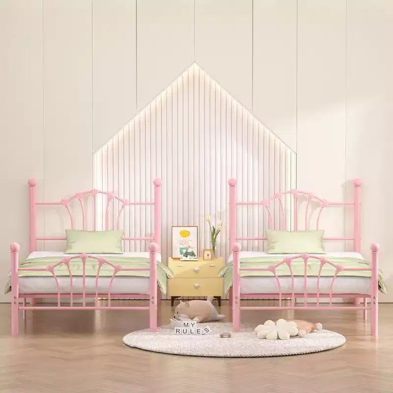 Struttura letto singolo con testiera e pediera, moderno telaio letto a piattaforma in metallo bianco/rosa/nero