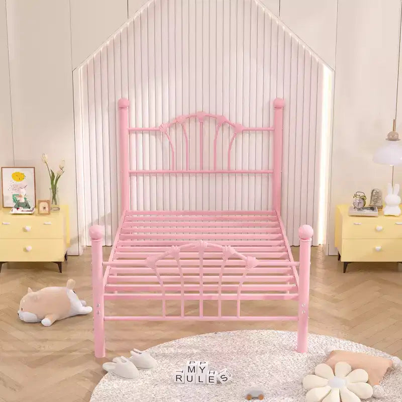 Struttura letto singolo con testiera e pediera, moderno telaio letto a piattaforma in metallo bianco/rosa/nero