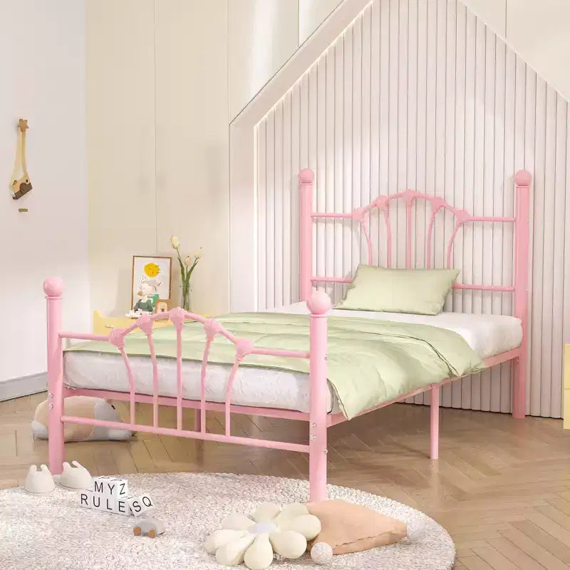 Struttura letto singolo con testiera e pediera, moderno telaio letto a piattaforma in metallo bianco/rosa/nero