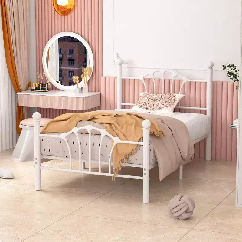Struttura letto singolo con testiera e pediera, moderno telaio letto a piattaforma in metallo bianco/rosa/nero