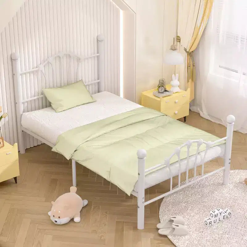 Struttura letto singolo con testiera e pediera, moderno telaio letto a piattaforma in metallo bianco/rosa/nero