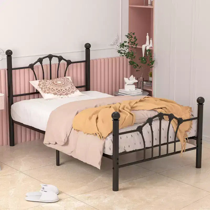 Struttura letto singolo con testiera e pediera, moderno telaio letto a piattaforma in metallo bianco/rosa/nero