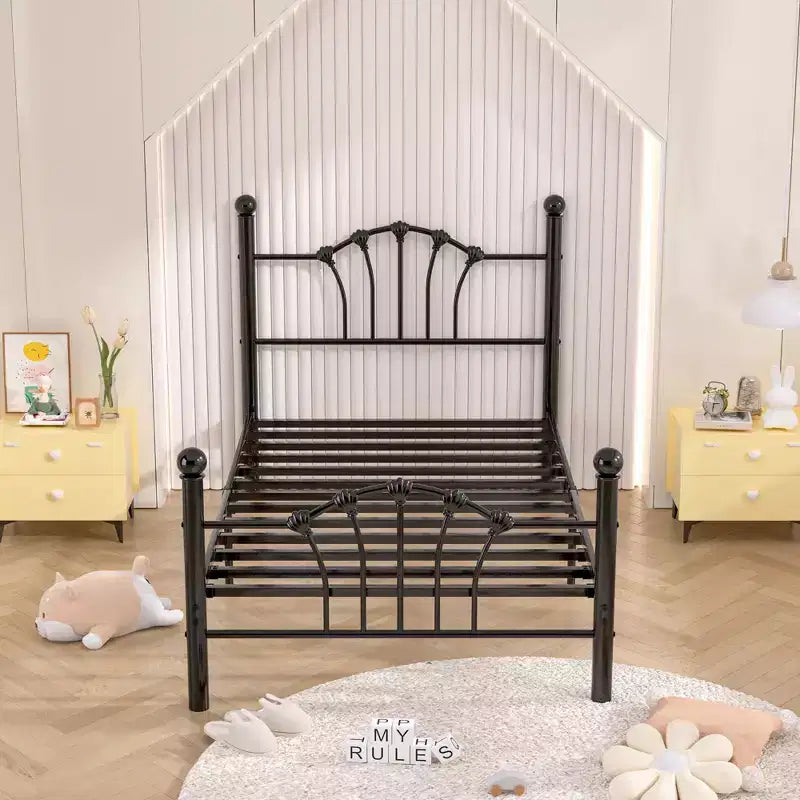 Struttura letto singolo con testiera e pediera, moderno telaio letto a piattaforma in metallo bianco/rosa/nero