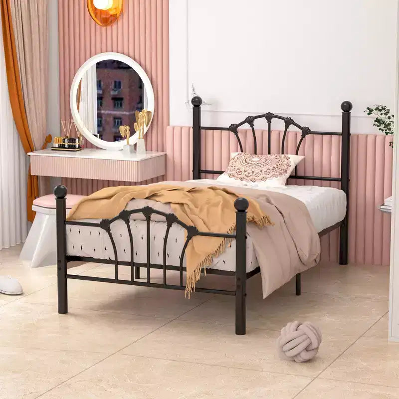 Struttura letto singolo con testiera e pediera, moderno telaio letto a piattaforma in metallo bianco/rosa/nero