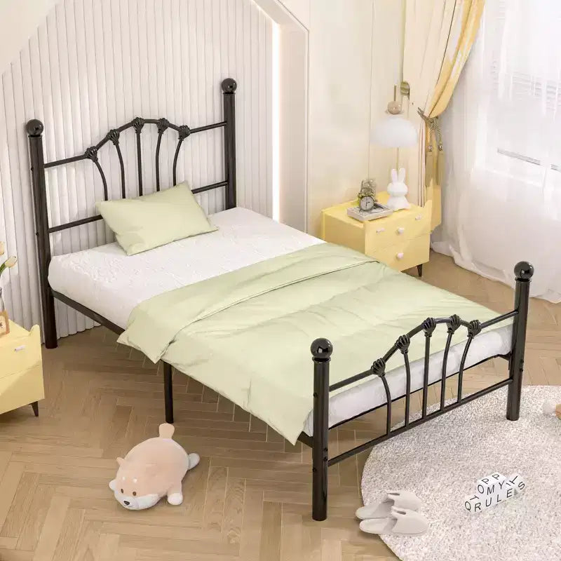 Struttura letto singolo con testiera e pediera, moderno telaio letto a piattaforma in metallo bianco/rosa/nero
