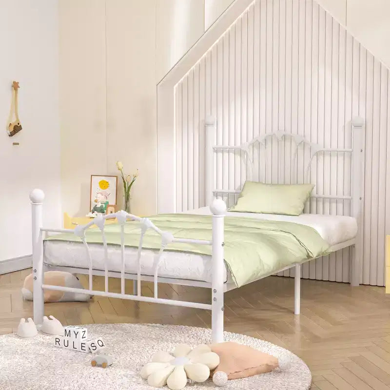 Struttura letto singolo con testiera e pediera, moderno telaio letto a piattaforma in metallo bianco/rosa/nero