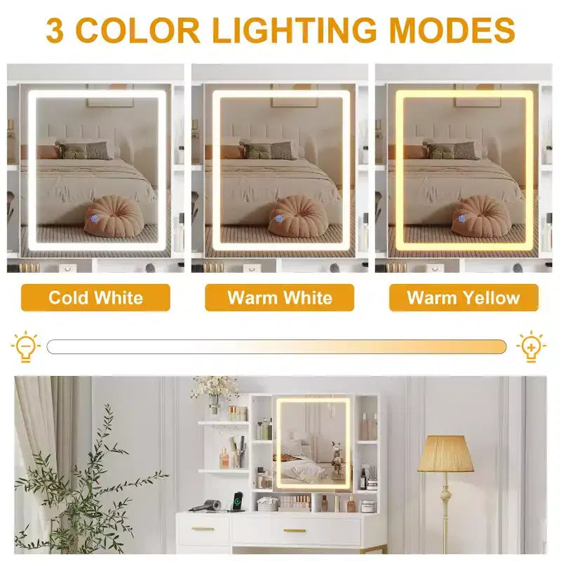 Toeletta Trucco, Tavolo da Trucco per Adulti, Toeletta con Luci a 3 Colori, Stazione di Ricarica, Cassetti, per Bagno, Camera da Letto, Bianco