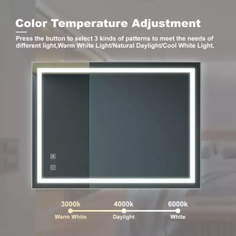 Specchio da bagno a LED da 32x24 pollici, elegante, con backplane focalizzato, alta luminosità, touch dimmerabile, controllo tramite interruttore a parete