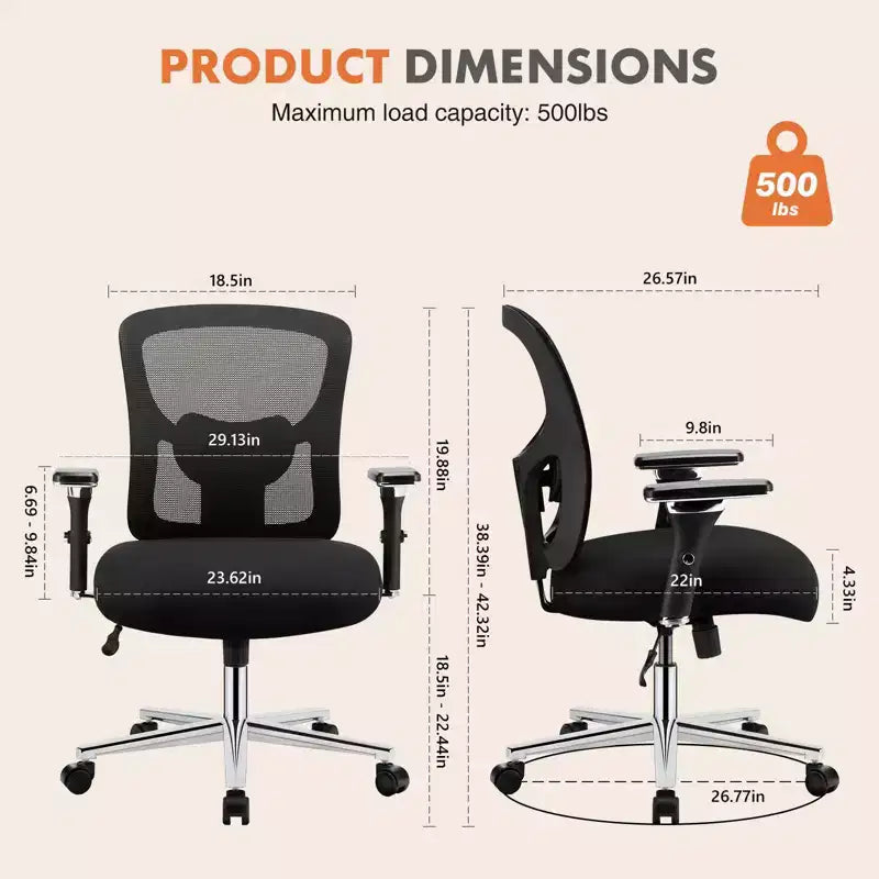 Sedia da Ufficio Grande e Alta con Supporto Lombare, Sedia da Computer Ergonomica in Rete Extra Resistente da 500 libbre con Braccioli e Seduta Ampia e Confortevole