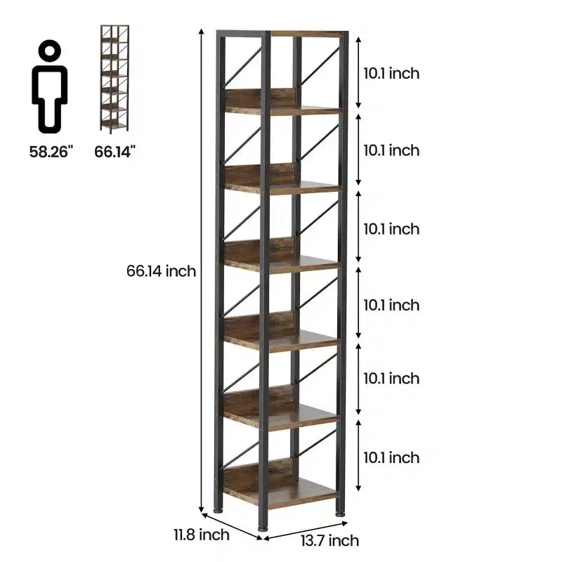 Libreria stretta a 6 ripiani, libreria alta e sottile, scaffale angolare rustico, piccole librerie, libreria industriale per camera da letto, soggiorno, ufficio domestico