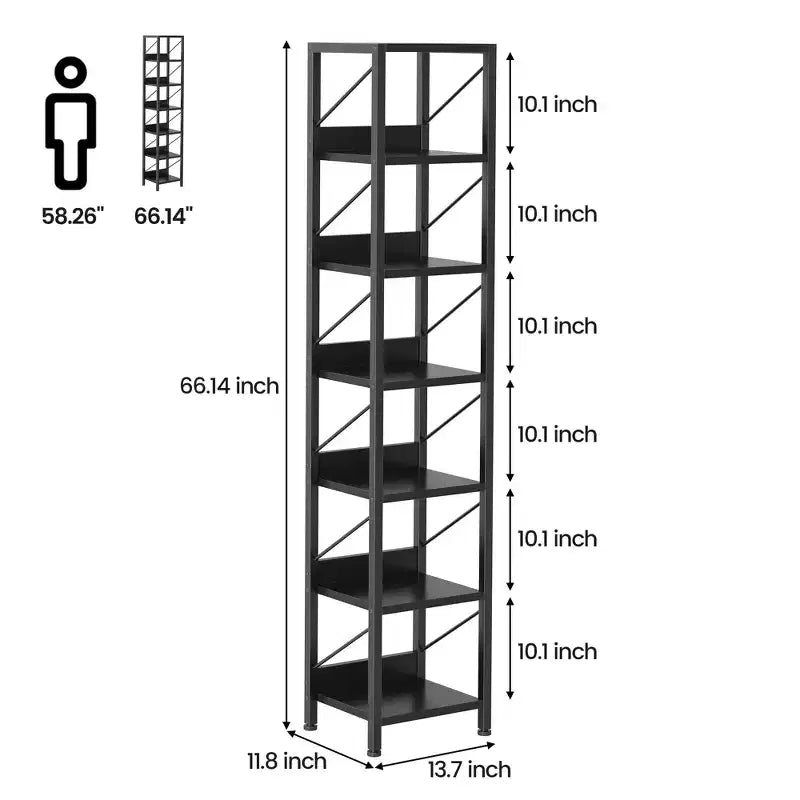 Libreria stretta a 6 ripiani, libreria alta e sottile, scaffale angolare rustico, piccole librerie, libreria industriale per camera da letto, soggiorno, ufficio domestico