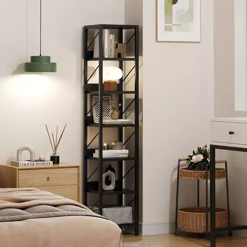 Libreria stretta a 6 ripiani, libreria alta e sottile, scaffale angolare rustico, piccole librerie, libreria industriale per camera da letto, soggiorno, ufficio domestico