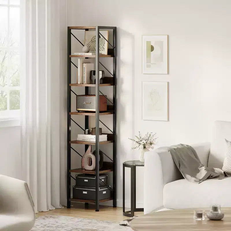 Libreria stretta a 6 ripiani, libreria alta e sottile, scaffale angolare rustico, piccole librerie, libreria industriale per camera da letto, soggiorno, ufficio domestico