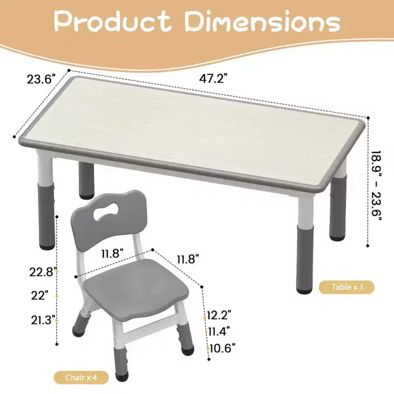Set di tavolo e sedie per bambini, tavolo per bambini regolabile in altezza e 4 sedie, piano del tavolo da disegno facile da pulire, per aule, grigio scuro