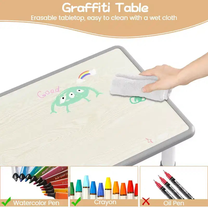 Set di tavolo e sedie per bambini, tavolo per bambini regolabile in altezza e 4 sedie, piano del tavolo da disegno facile da pulire, per aule, grigio scuro