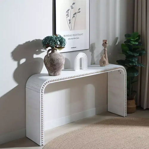 Tavolo da ingresso a cascata da 59 pollici con perline in legno, Console con design minimalista, Tavolo d'appoggio per corridoio, soggiorno, Bianco