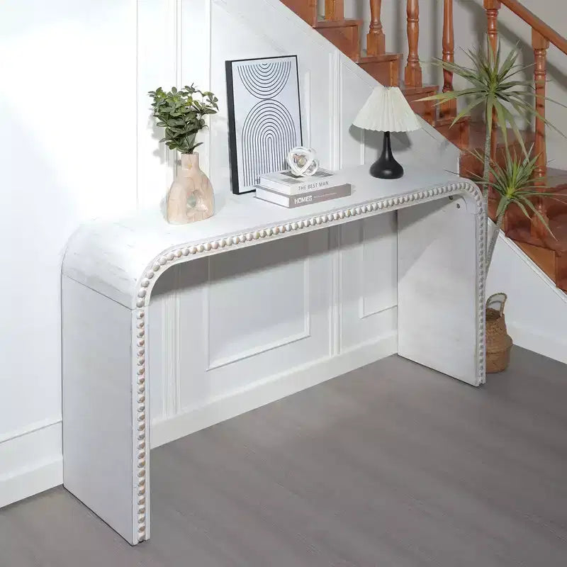 Tavolo da ingresso a cascata da 59 pollici con perline in legno, Console con design minimalista, Tavolo d'appoggio per corridoio, soggiorno, Bianco