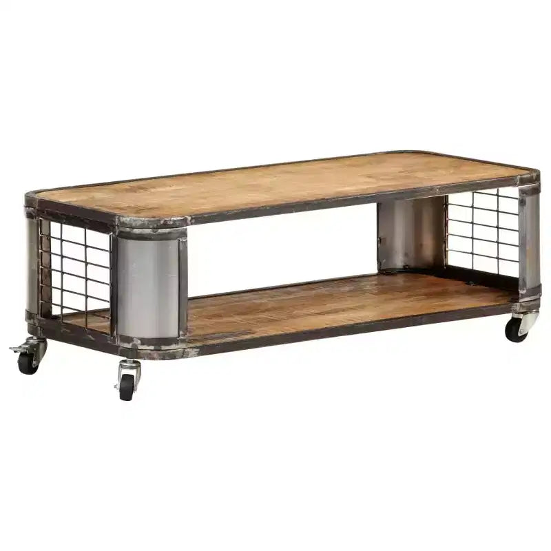 Tavolino Salotto Tavolino d'Appoggio con 4 Ruote in Legno Massello di Mango 100 cm
