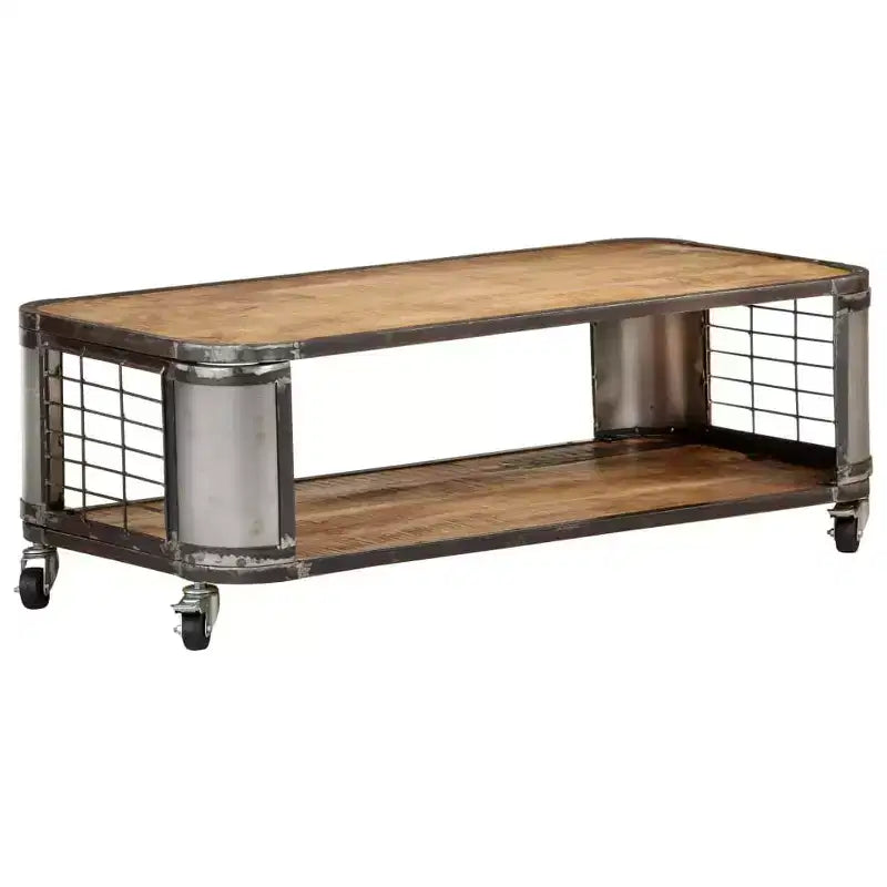 Tavolino Salotto Tavolino d'Appoggio con 4 Ruote in Legno Massello di Mango 100 cm