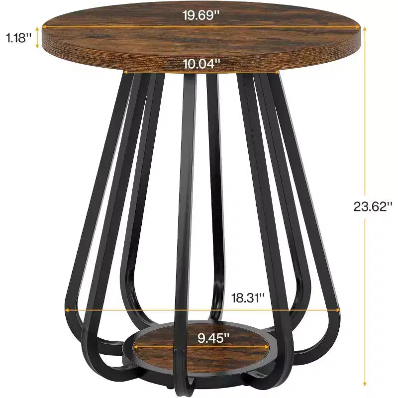 Tavolino da divano piccolo rotondo a 2 ripiani con struttura in metallo e ripiano inferiore, tavolino per piccoli spazi, soggiorno, camera da letto, marrone vintage e nero