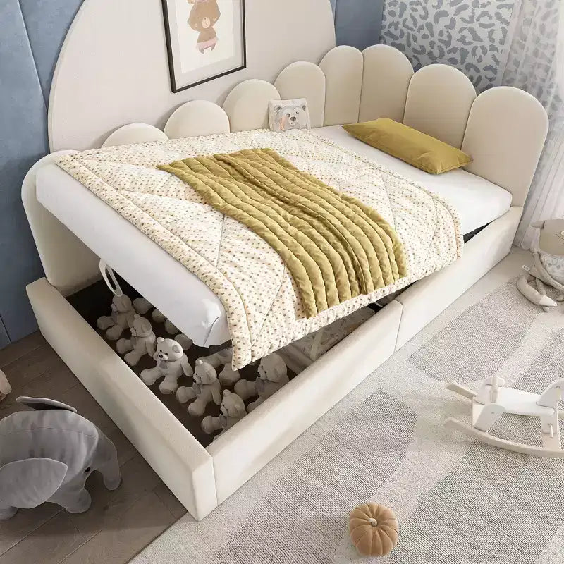 Divano letto singolo imbottito con piattaforma e contenitore idraulico, struttura a doghe in metallo, letto singolo moderno per camera da letto e cameretta per bambini