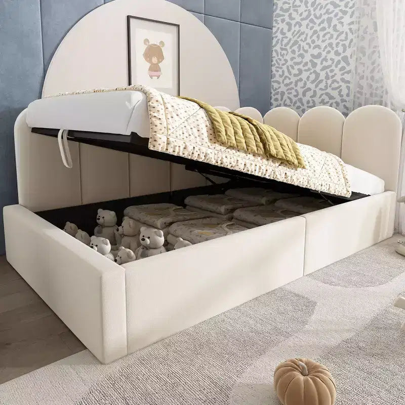 Divano letto singolo imbottito con piattaforma e contenitore idraulico, struttura a doghe in metallo, letto singolo moderno per camera da letto e cameretta per bambini