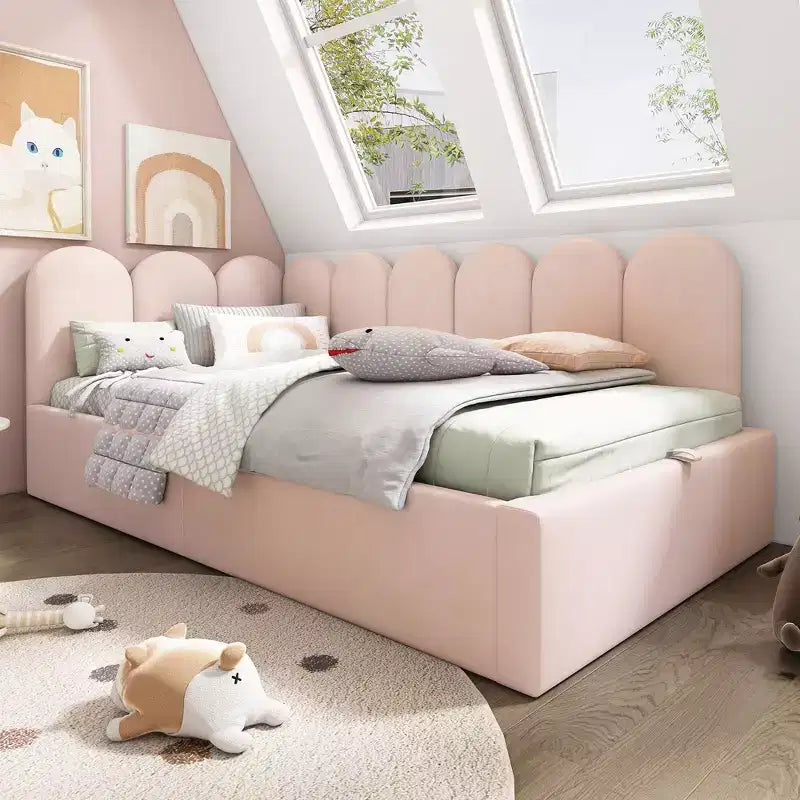 Divano letto singolo imbottito con piattaforma e contenitore idraulico, struttura a doghe in metallo, letto singolo moderno per camera da letto e cameretta per bambini