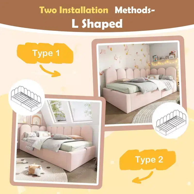 Divano letto singolo imbottito con piattaforma e contenitore idraulico, struttura a doghe in metallo, letto singolo moderno per camera da letto e cameretta per bambini