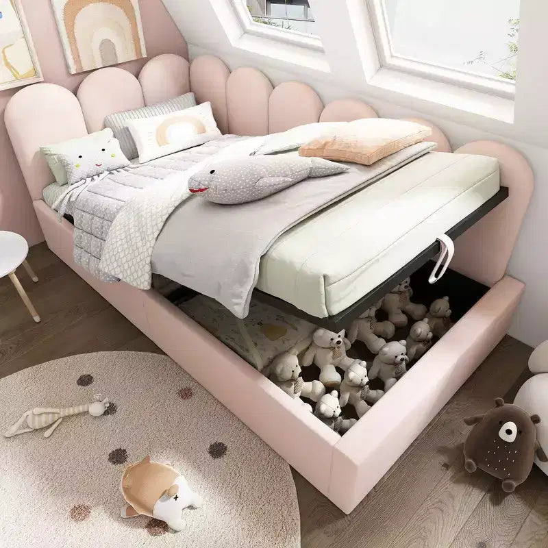 Divano letto singolo imbottito con piattaforma e contenitore idraulico, struttura a doghe in metallo, letto singolo moderno per camera da letto e cameretta per bambini