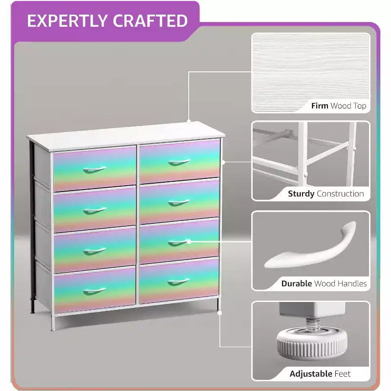 Cassettiera a 8 cassetti - Unità contenitore con struttura in acciaio, piano in legno, cassetti in tessuto - per camera da letto, armadio, ufficio e altro ancora