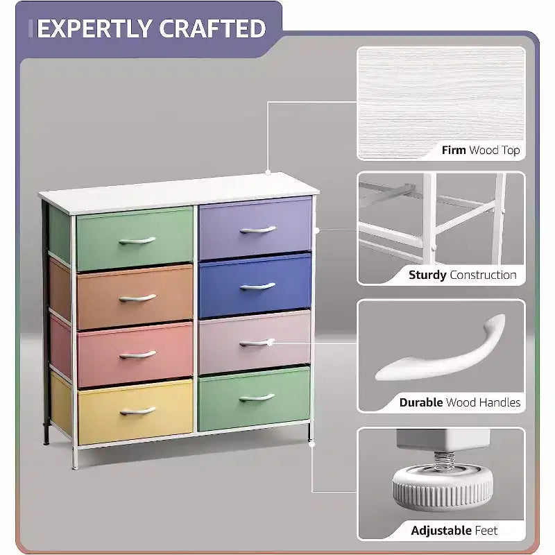 Cassettiera a 8 cassetti - Unità contenitore con struttura in acciaio, piano in legno, cassetti in tessuto - per camera da letto, armadio, ufficio e altro ancora