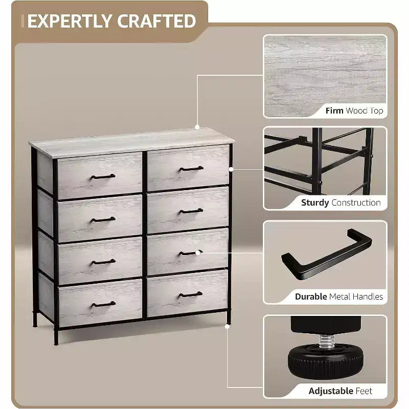 Cassettiera a 8 cassetti - Unità contenitore con struttura in acciaio, piano in legno, cassetti in tessuto - per camera da letto, armadio, ufficio e altro ancora