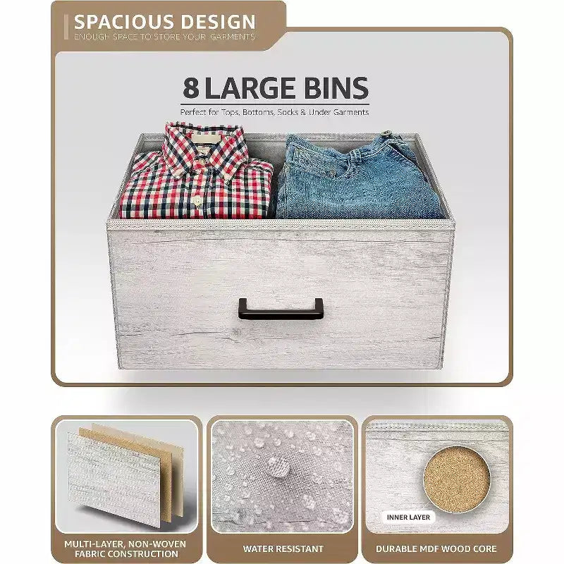 Cassettiera a 8 cassetti - Unità contenitore con struttura in acciaio, piano in legno, cassetti in tessuto - per camera da letto, armadio, ufficio e altro ancora