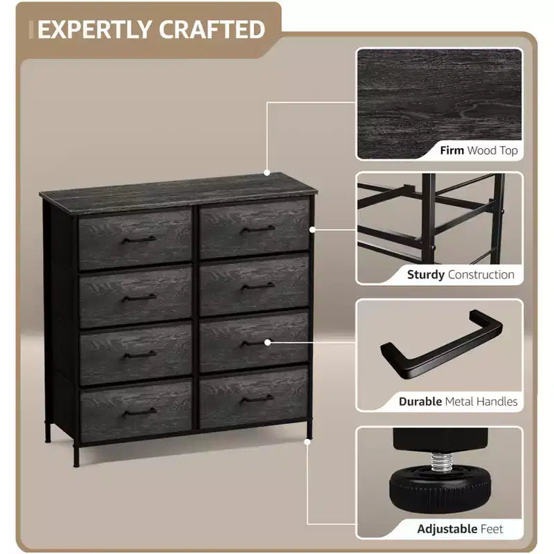 Cassettiera a 8 cassetti - Unità contenitore con struttura in acciaio, piano in legno, cassetti in tessuto - per camera da letto, armadio, ufficio e altro ancora