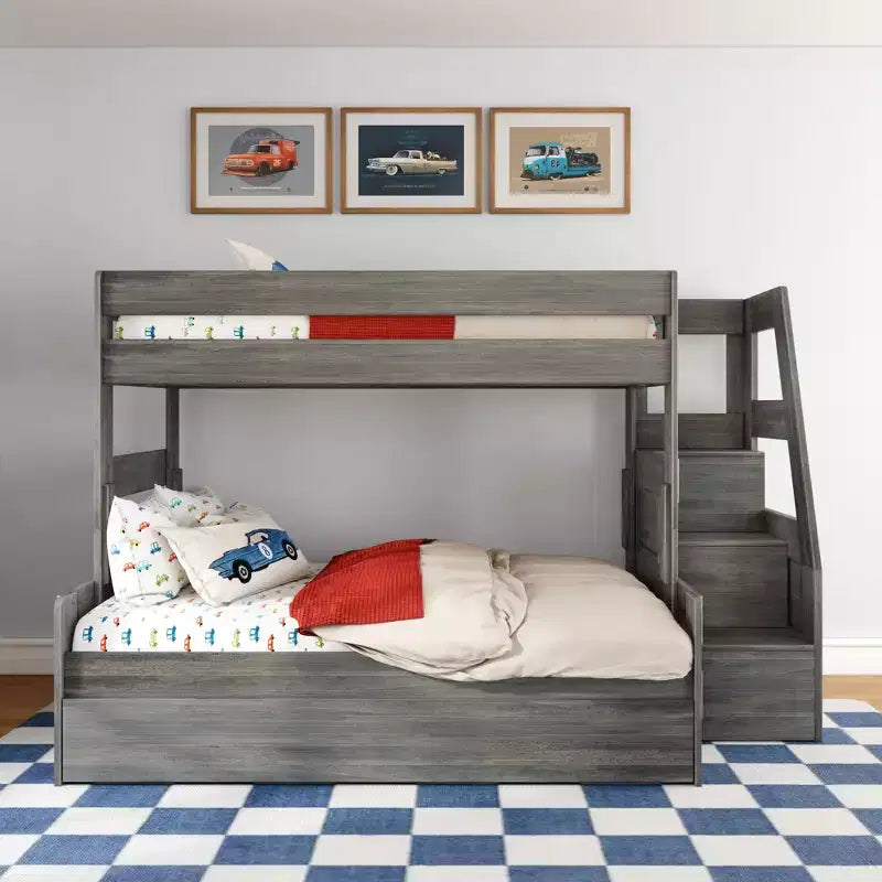 Letto a Castello Moderno a Due Letti con Scala e Letto Estraibile