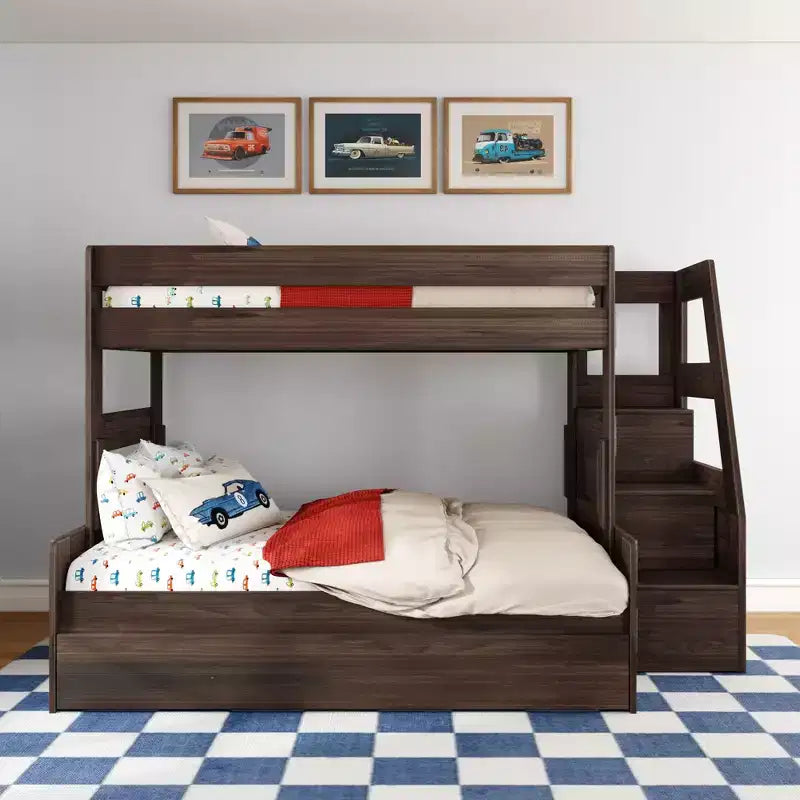 Letto a Castello Moderno a Due Letti con Scala e Letto Estraibile