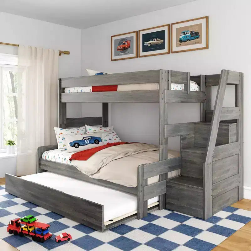 Letto a Castello Moderno a Due Letti con Scala e Letto Estraibile