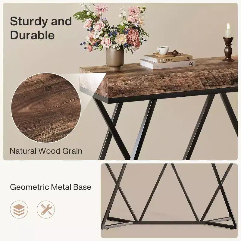 55 consolle per ingresso, tavolo da divano in legno industriale, mobili da ingresso con base geometrica in metallo per soggiorno, corridoio