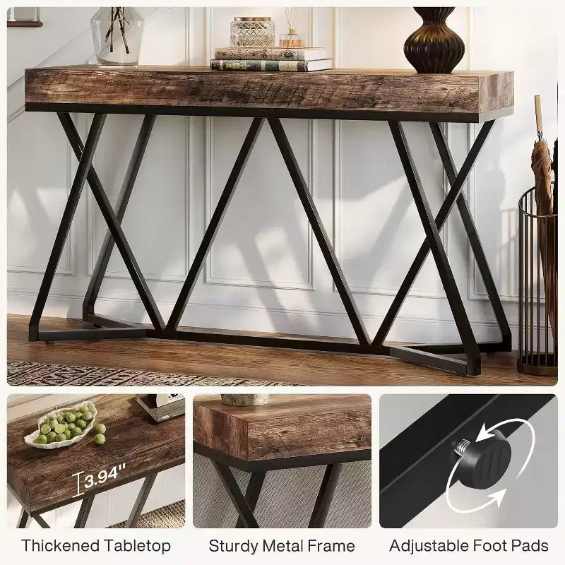 55 consolle per ingresso, tavolo da divano in legno industriale, mobili da ingresso con base geometrica in metallo per soggiorno, corridoio
