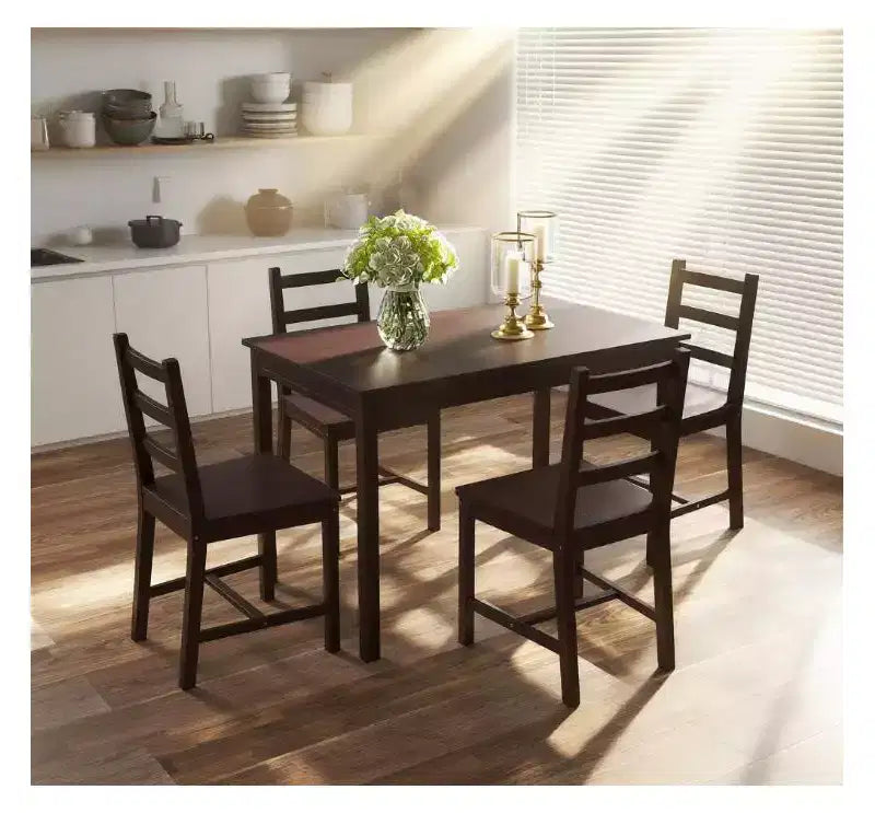 Tavolo da pranzo in stile moderno e sedie con schienale piatto per cucina, sala da pranzo, piccola sala da pranzo vintage con struttura in legno massello (5 pezzi)