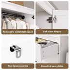 Armadio Guardaroba con 3 Cassetti e 2 Ante, Armadio Moderno in Legno per Camera da Letto, Armadio Alto Bianco Resistente