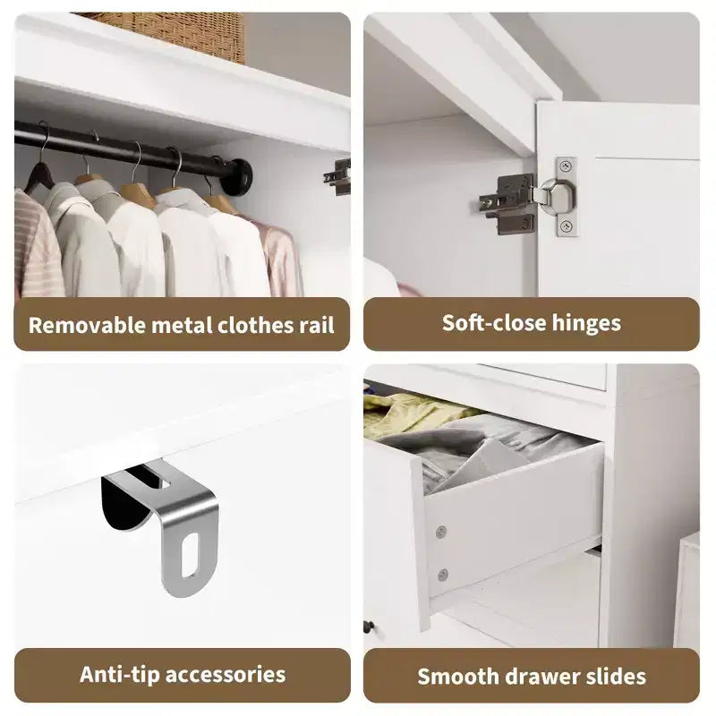 Armadio Guardaroba con 3 Cassetti e 2 Ante, Armadio Moderno in Legno per Camera da Letto, Armadio Alto Bianco Resistente