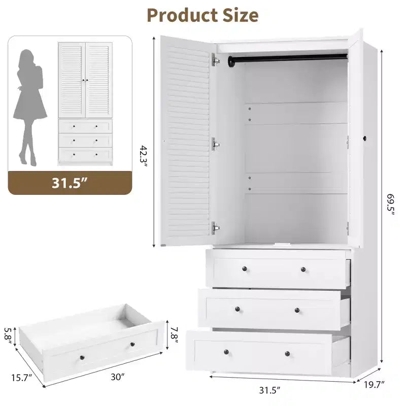Armadio Guardaroba con 3 Cassetti e 2 Ante, Armadio Moderno in Legno per Camera da Letto, Armadio Alto Bianco Resistente