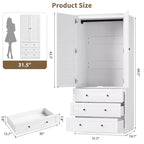 Armadio Guardaroba con 3 Cassetti e 2 Ante, Armadio Moderno in Legno per Camera da Letto, Armadio Alto Bianco Resistente