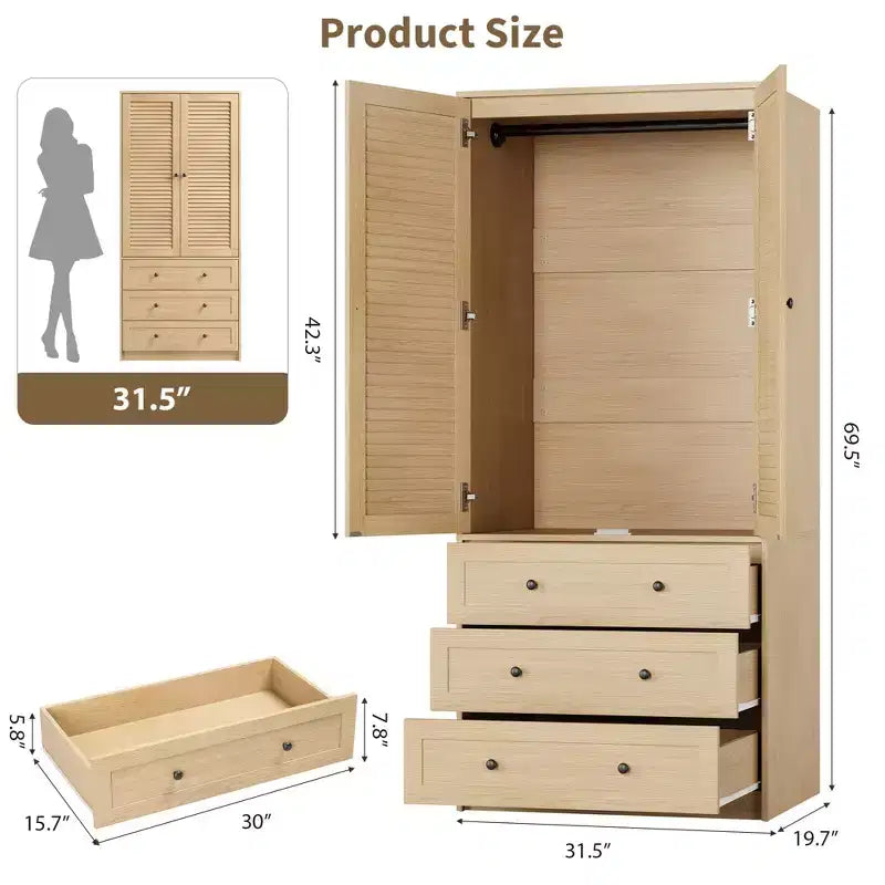 Armadio Guardaroba con 3 Cassetti e 2 Ante, Armadio Moderno in Legno per Camera da Letto, Armadio Alto Bianco Resistente