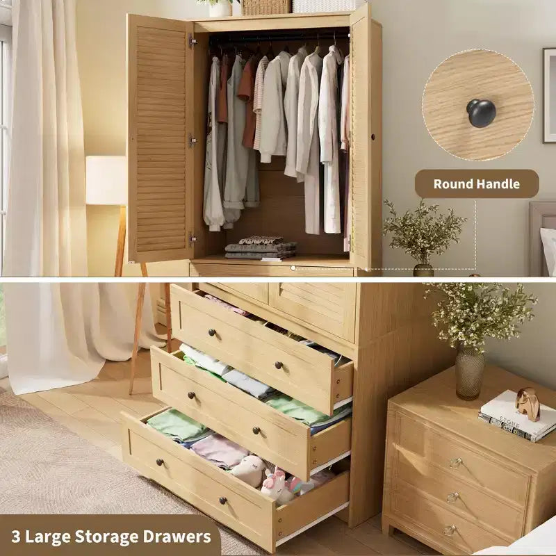 Armadio Guardaroba con 3 Cassetti e 2 Ante, Armadio Moderno in Legno per Camera da Letto, Armadio Alto Bianco Resistente
