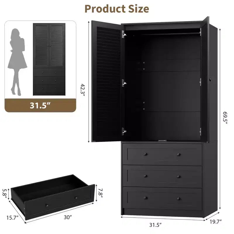 Armadio Guardaroba con 3 Cassetti e 2 Ante, Armadio Moderno in Legno per Camera da Letto, Armadio Alto Bianco Resistente