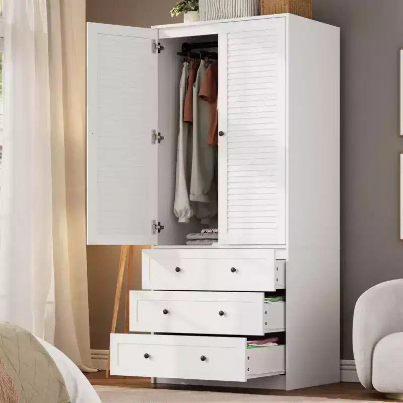 Armadio Guardaroba con 3 Cassetti e 2 Ante, Armadio Moderno in Legno per Camera da Letto, Armadio Alto Bianco Resistente