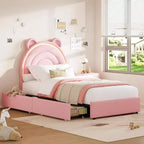 Letto matrimoniale Princess con 4 cassetti contenitori e luce, letto a piattaforma imbottito in velluto, testiera arcobaleno, adatto per bambini, grigio