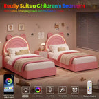 Letto matrimoniale Princess con 4 cassetti contenitori e luce, letto a piattaforma imbottito in velluto, testiera arcobaleno, adatto per bambini, grigio